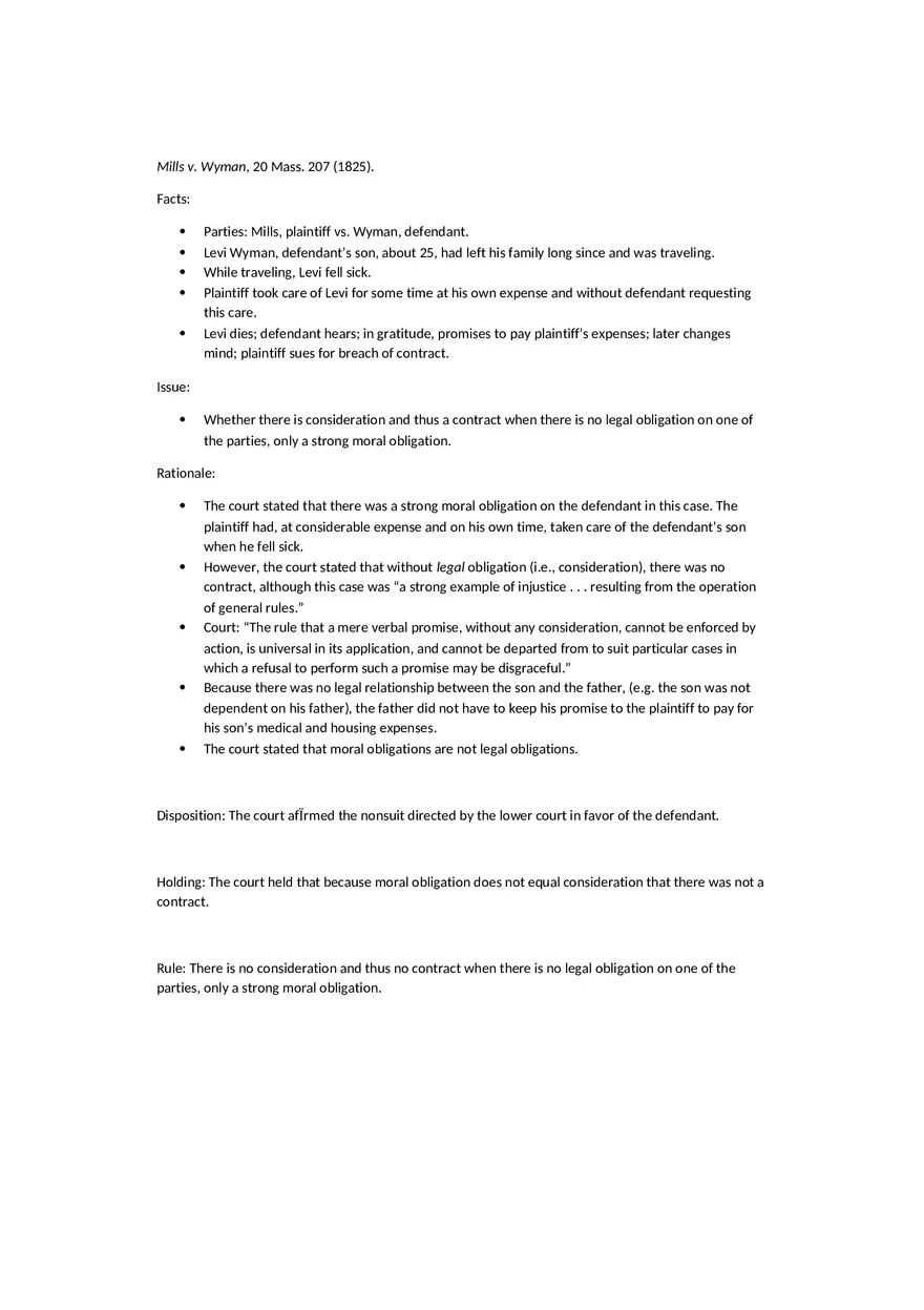Brief-Mills v. Wyman - Case Brief. - Contracts - Page 1