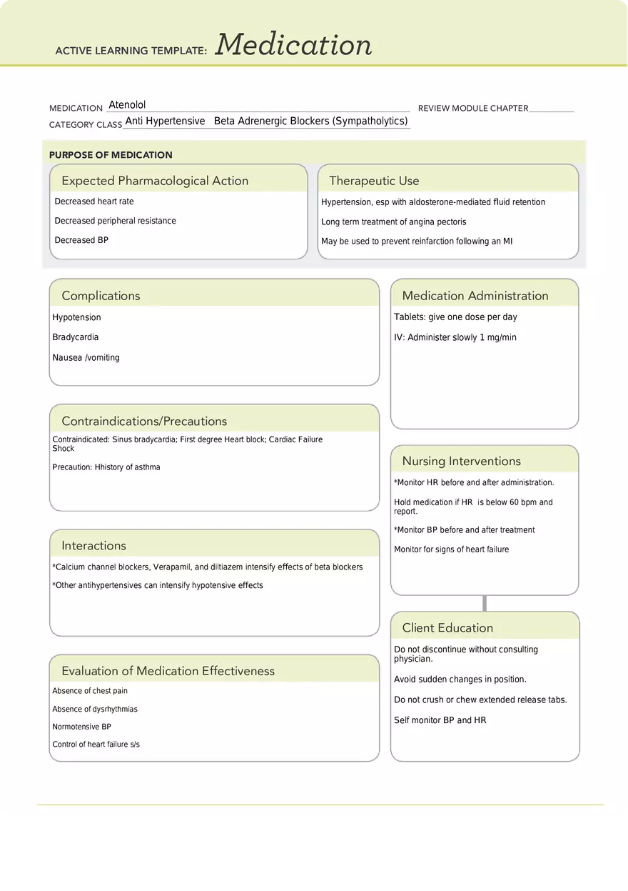 Altenolol Medication Concept Map ATI - Page 1