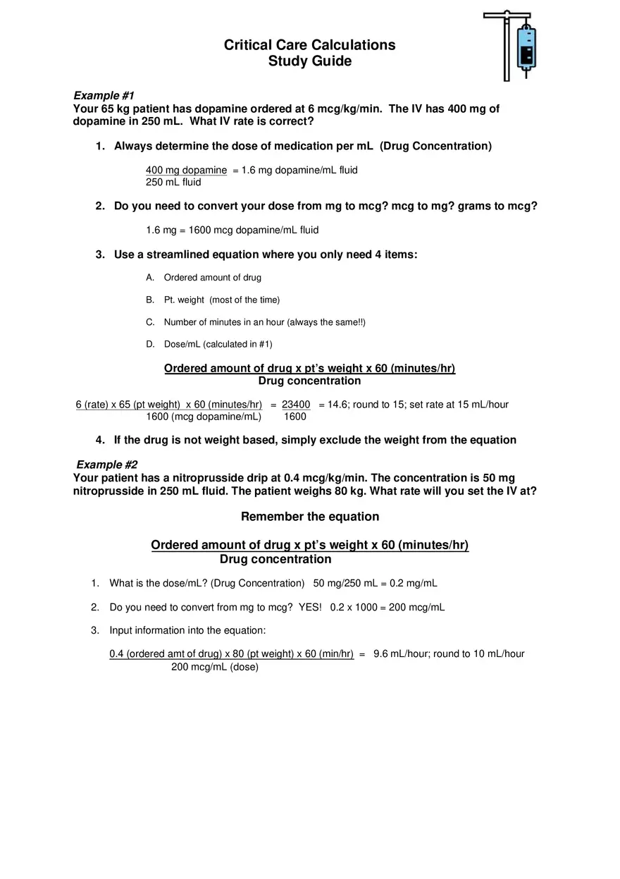 Critical Care Calculations Study Guide - Page 1