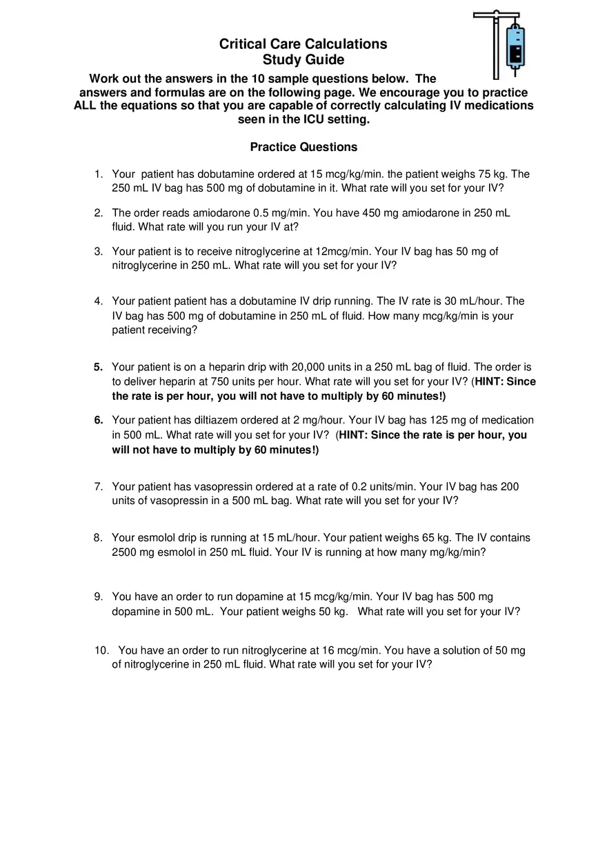 Critical Care Calculations Study Guide - Page 3