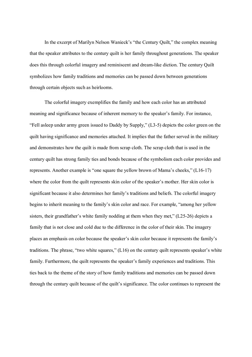 Symbolism and Memory in Marilyn Nelson Wanieck’s “The Century Quilt” - Page 1
