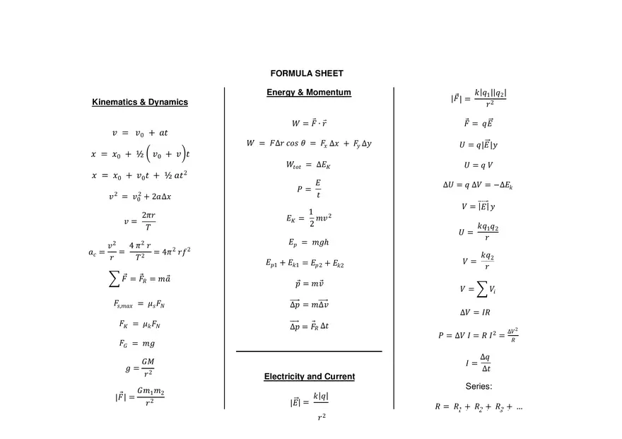 Physics Formula Sheet (Kinematics and Dynamics) - Page 1