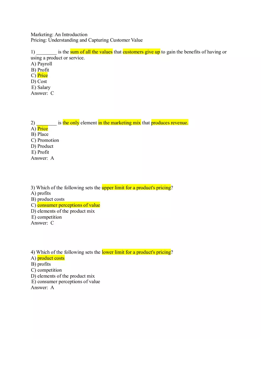 Pricing - Understanding and Capturing Customer Value 1-35 Answer Key - Page 1