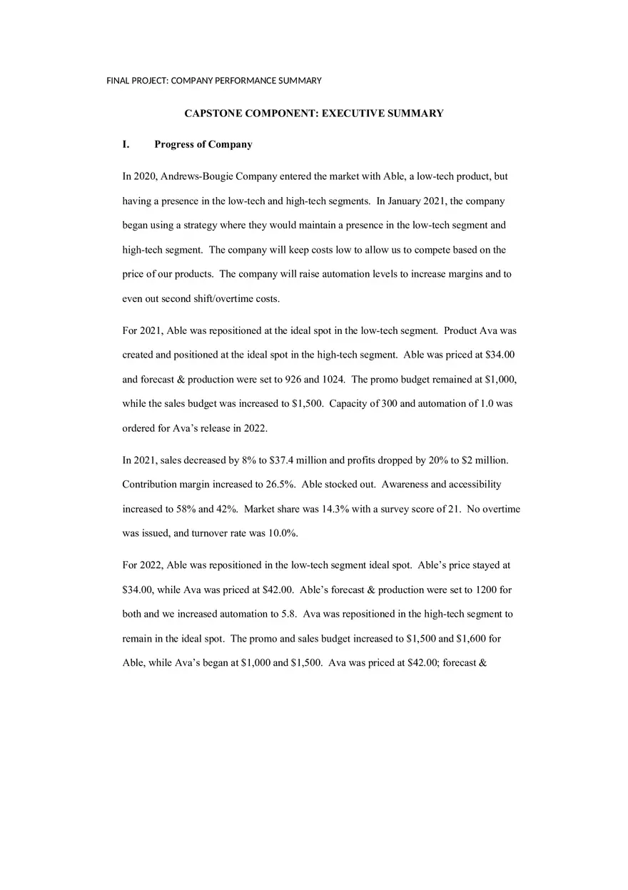 Final Project Company Performance Summary - Page 1