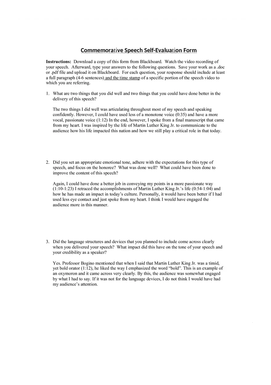 Commemorative Speech Self-Evaluation Form - Page 1