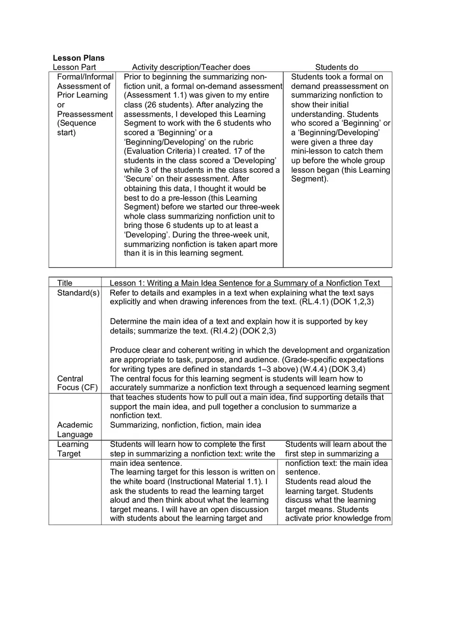 Lesson Plans - Summarizing Non-fiction Unit - Page 1