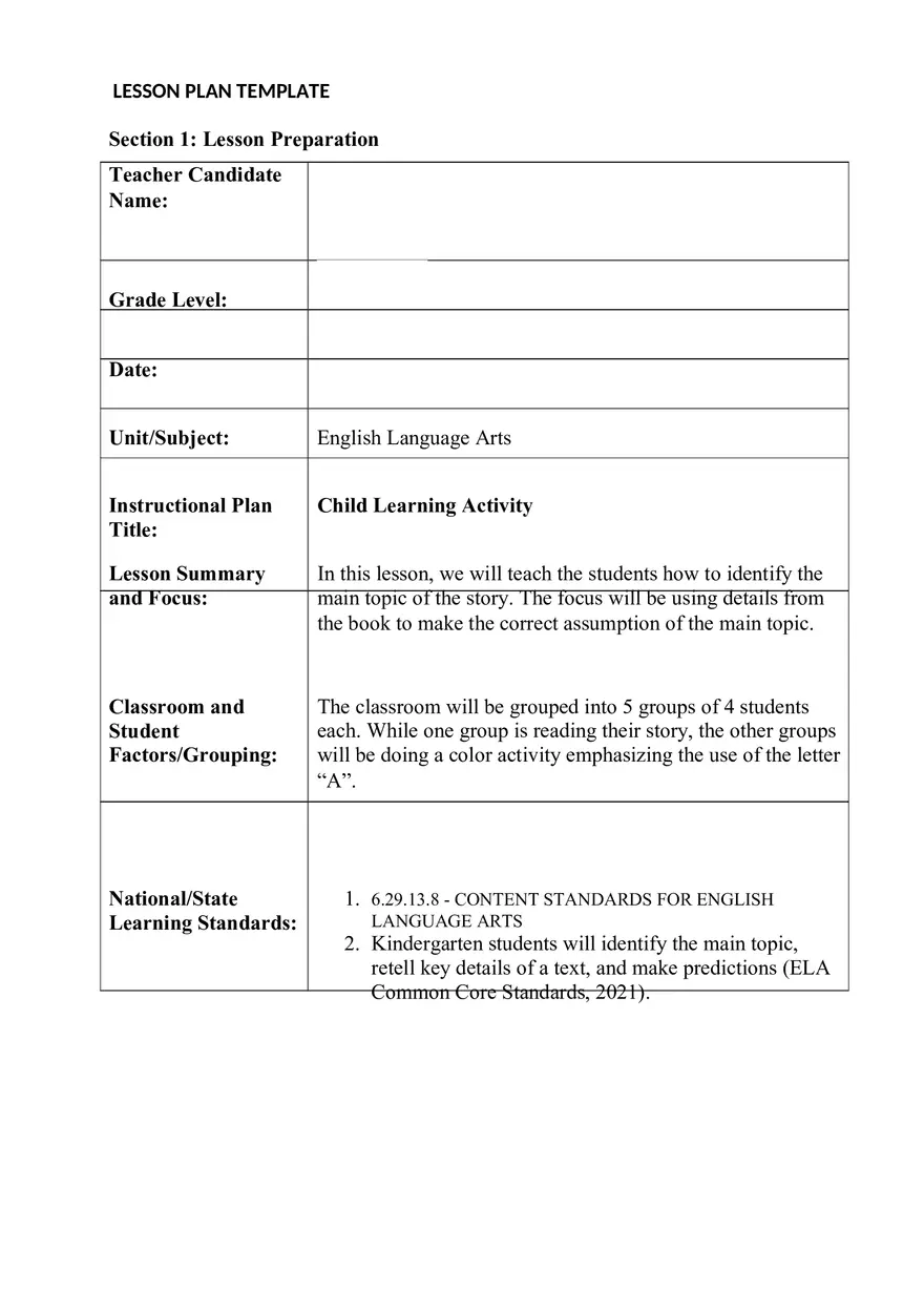 English Language Arts Lesson Plan - Page 1