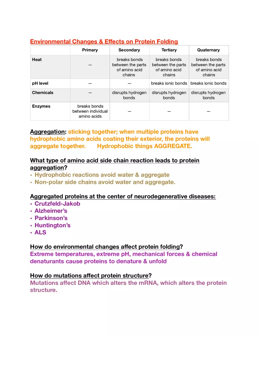 Amino Acids, Peptide Bonds and Protein Structure Study Guide 1 - Page 7