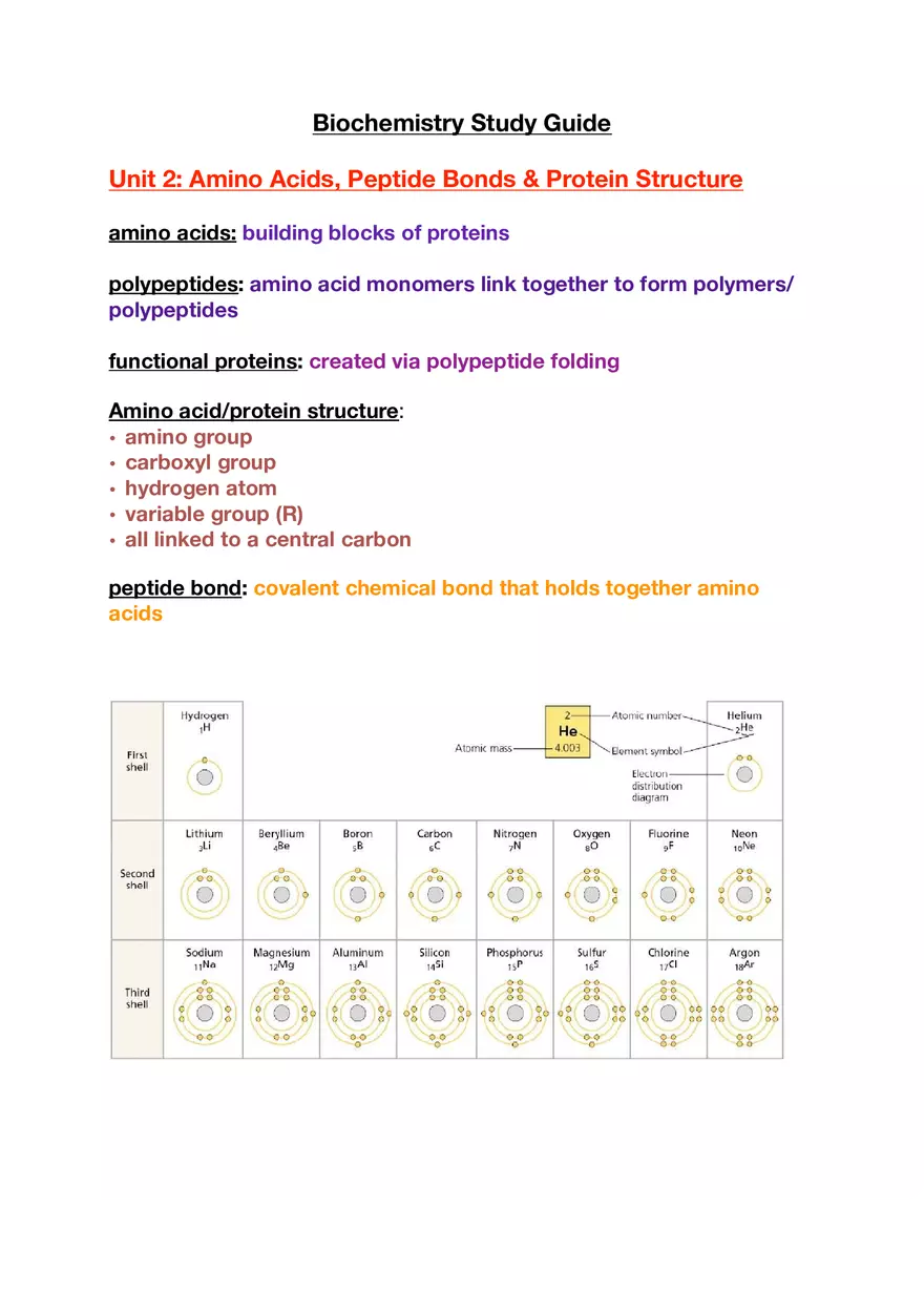 Amino Acids, Peptide Bonds and Protein Structure Study Guide 1 - Page 1