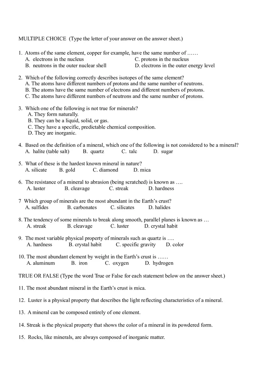 Earth Science Test 1 Answer Key - Page 2
