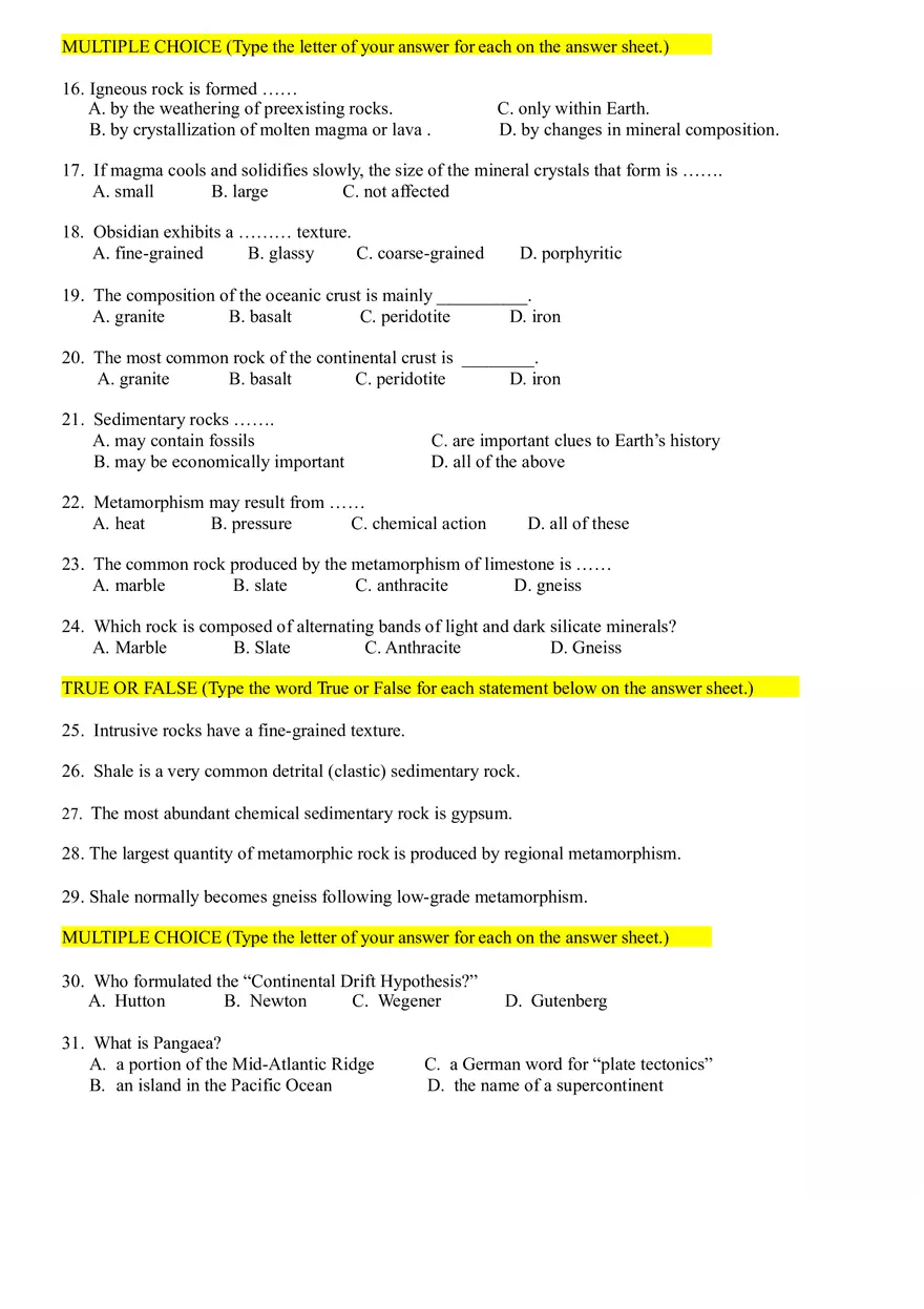 Earth Science Test 1 Answer Key - Page 3