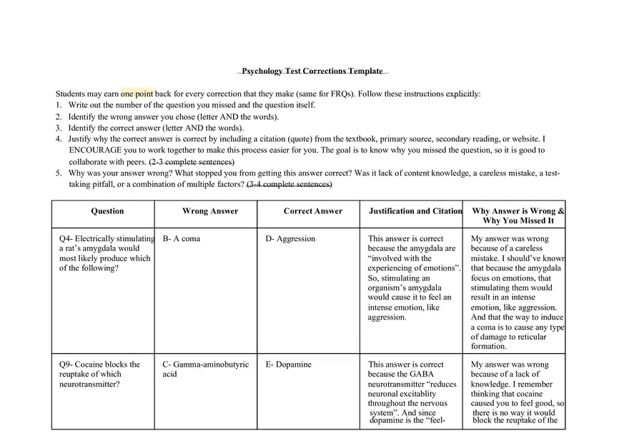 Psychology Test Corrections Template 1 (Aggression) - Page 1