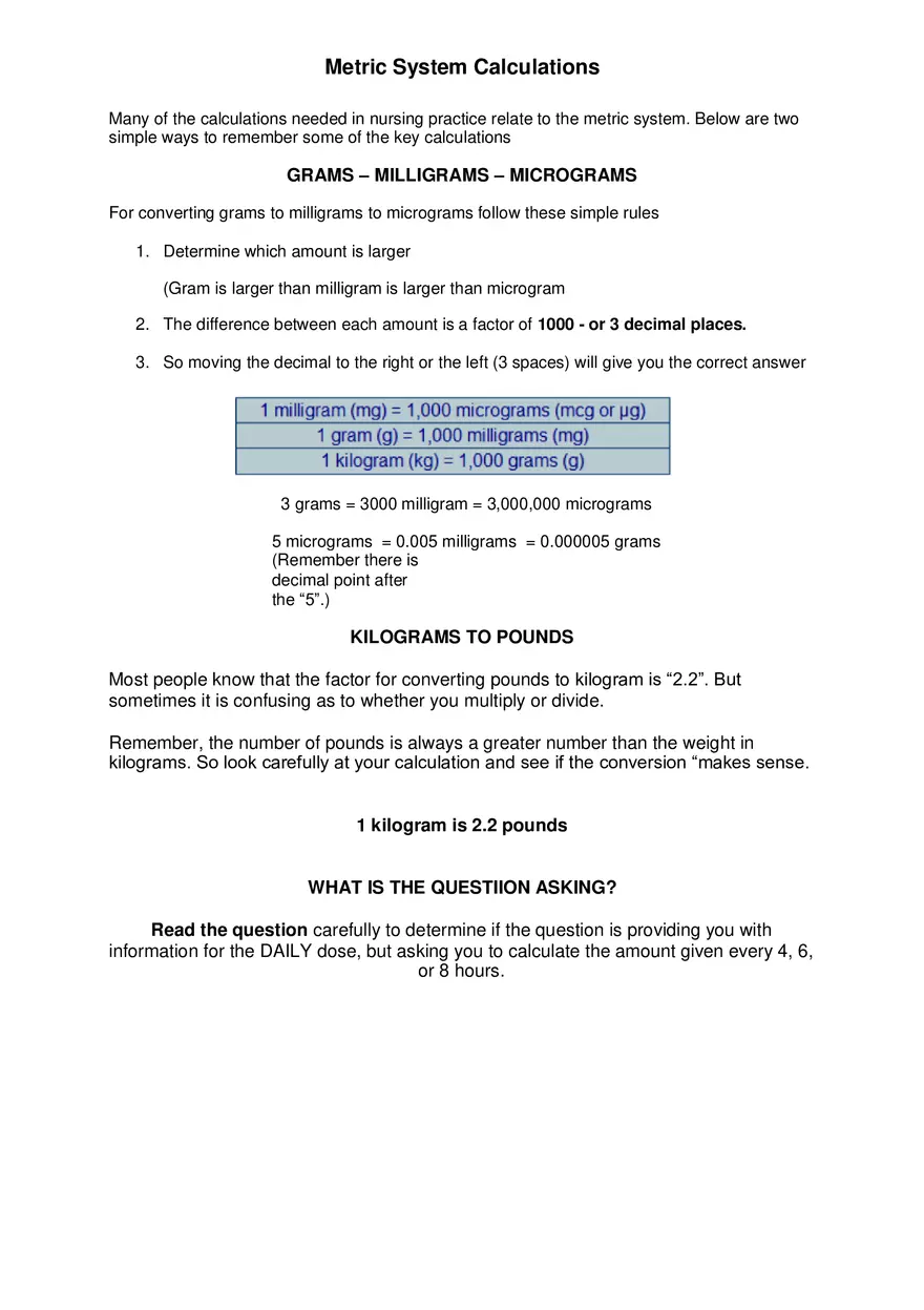 Metric System Calculations For Nursing Part 1 - Page 1