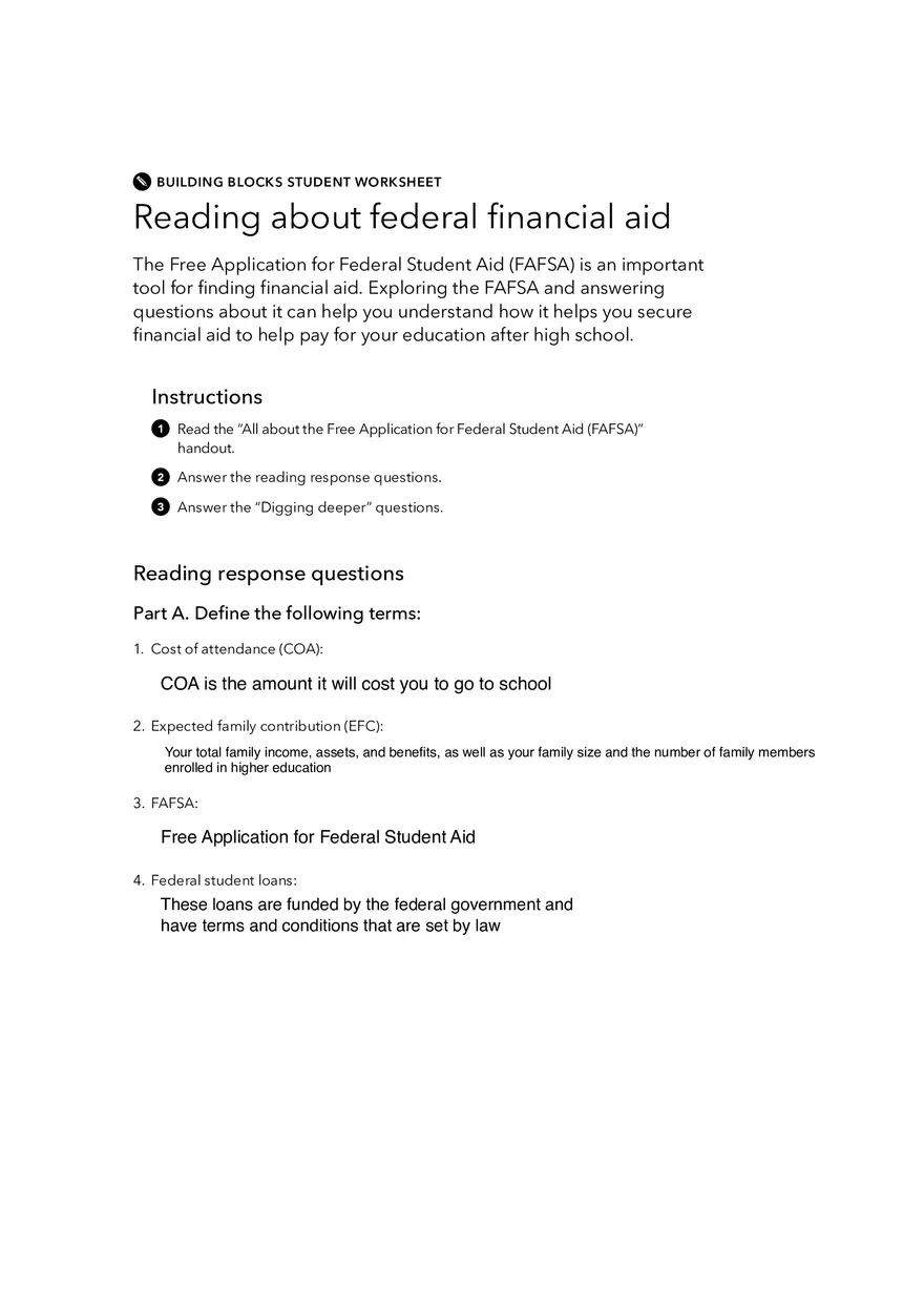 Reading About Federal Financial Aid Answer Sheet - Page 1