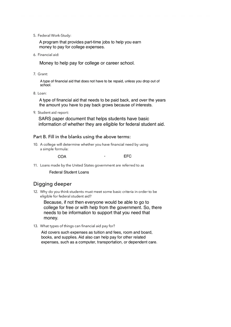 Reading About Federal Financial Aid Answer Sheet - Page 2
