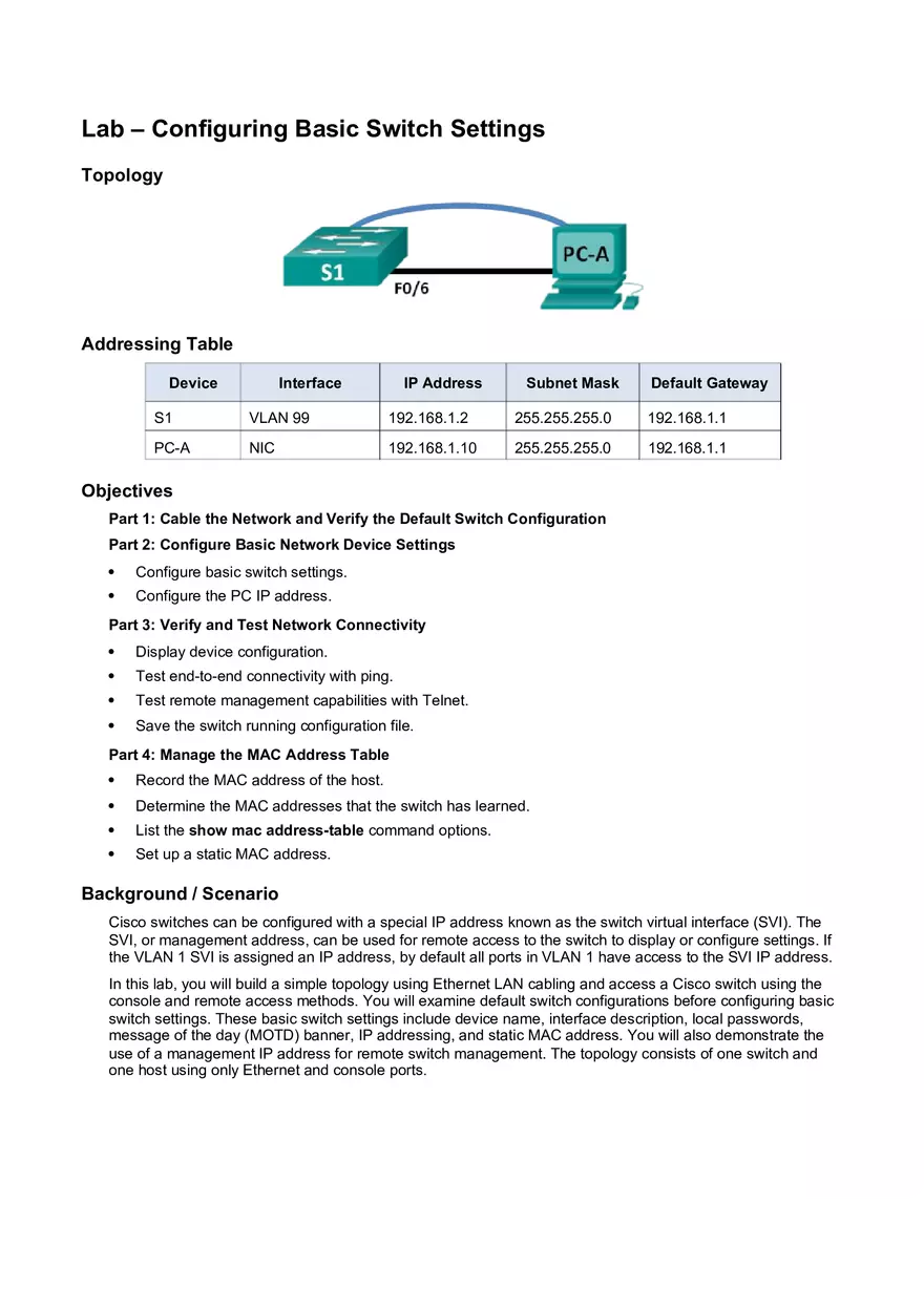 Lab About Configuring Basic Switch Settings - Page 1