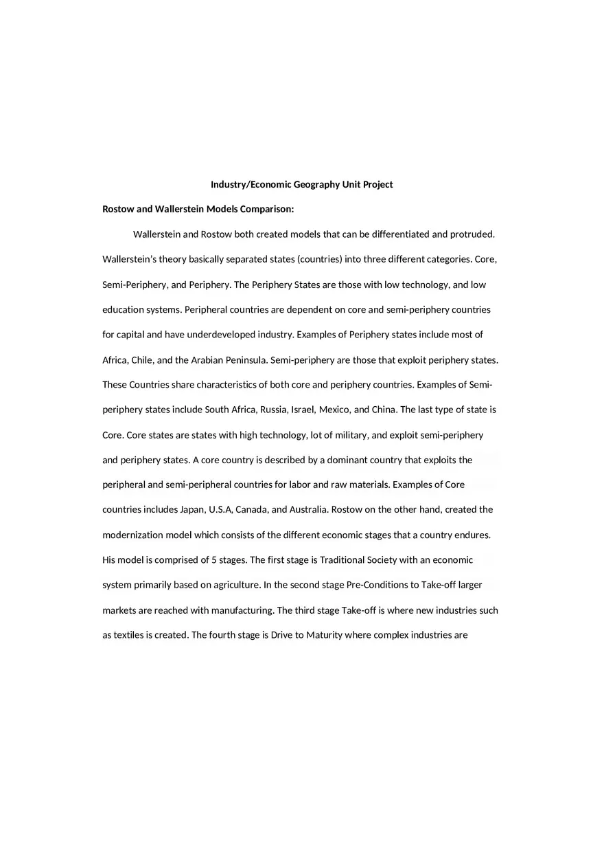 Models and Theories Comparison - Industry Economic Geography Unit Project - Page 1