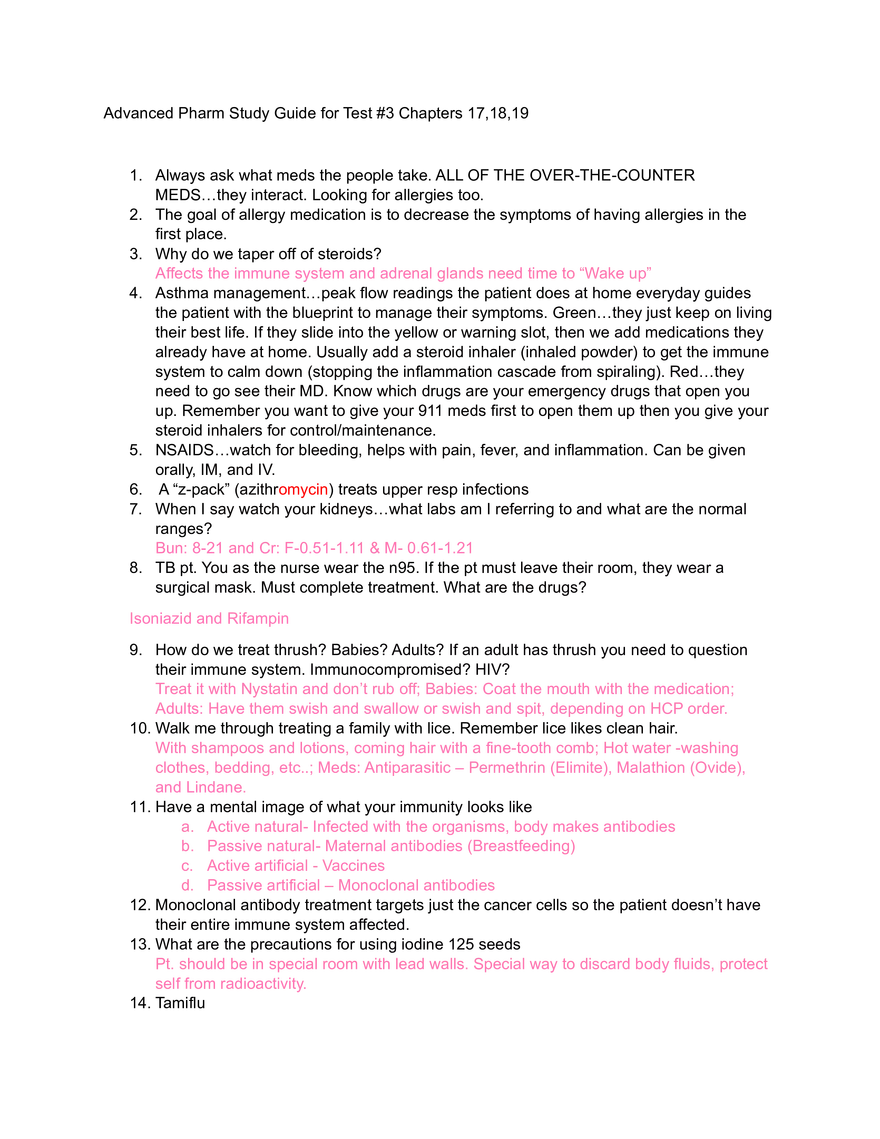 Advanced Pharm Study Guide for Test #3 - Page 1