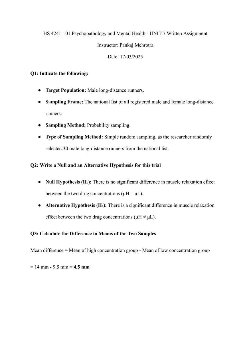 Unit 7: Assignment Drug Effect Study on Male Runners - Page 1