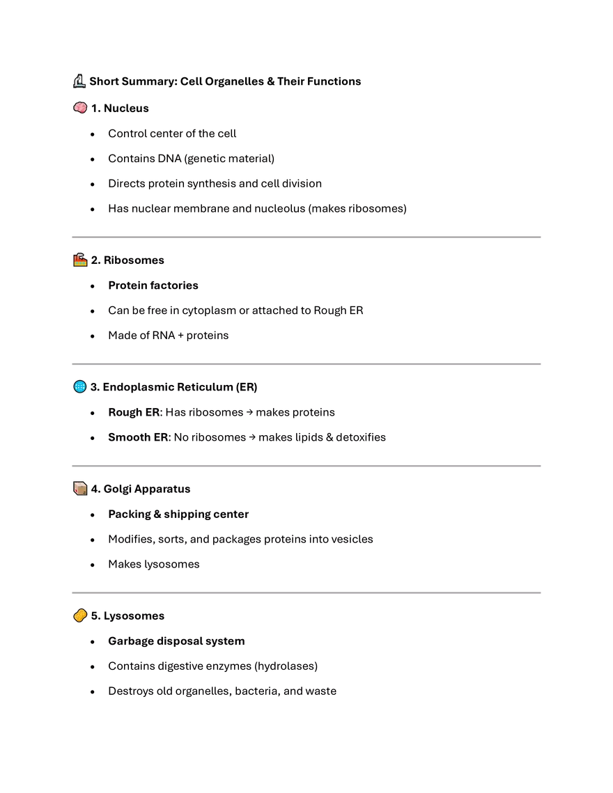 Short Summary: Cell Organelles & Their Functions - Page 1