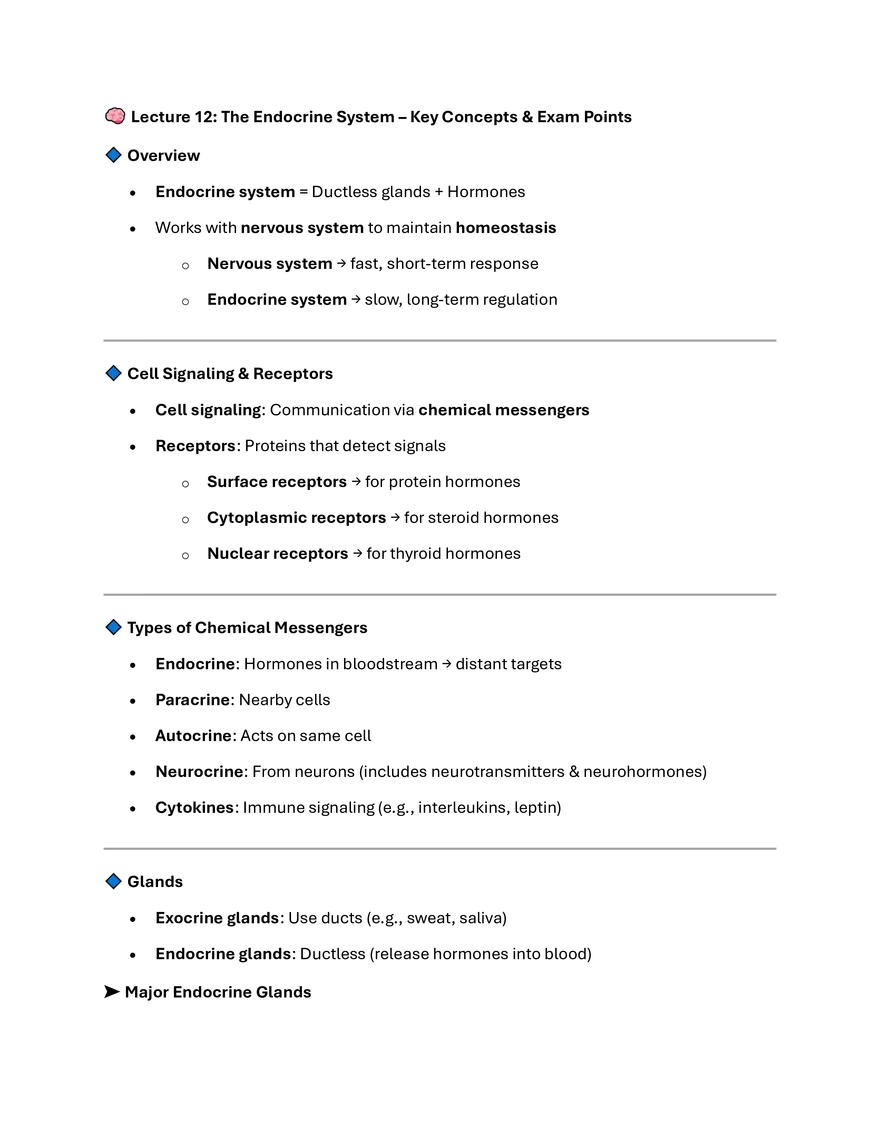 Lecture 12: The Endocrine System – Key Concepts & Exam Points - Page 1