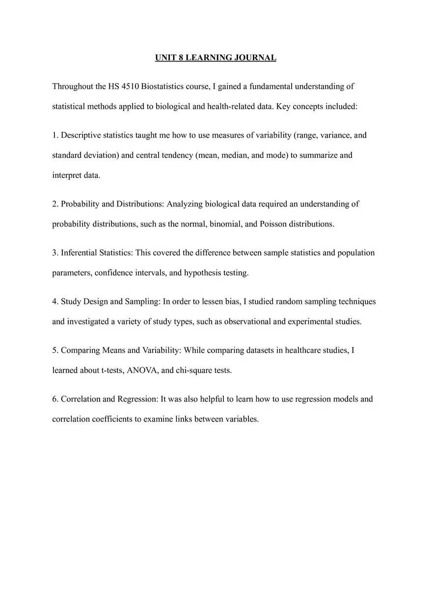 Unit 8: Biostatistics Course Reflection - Page 1