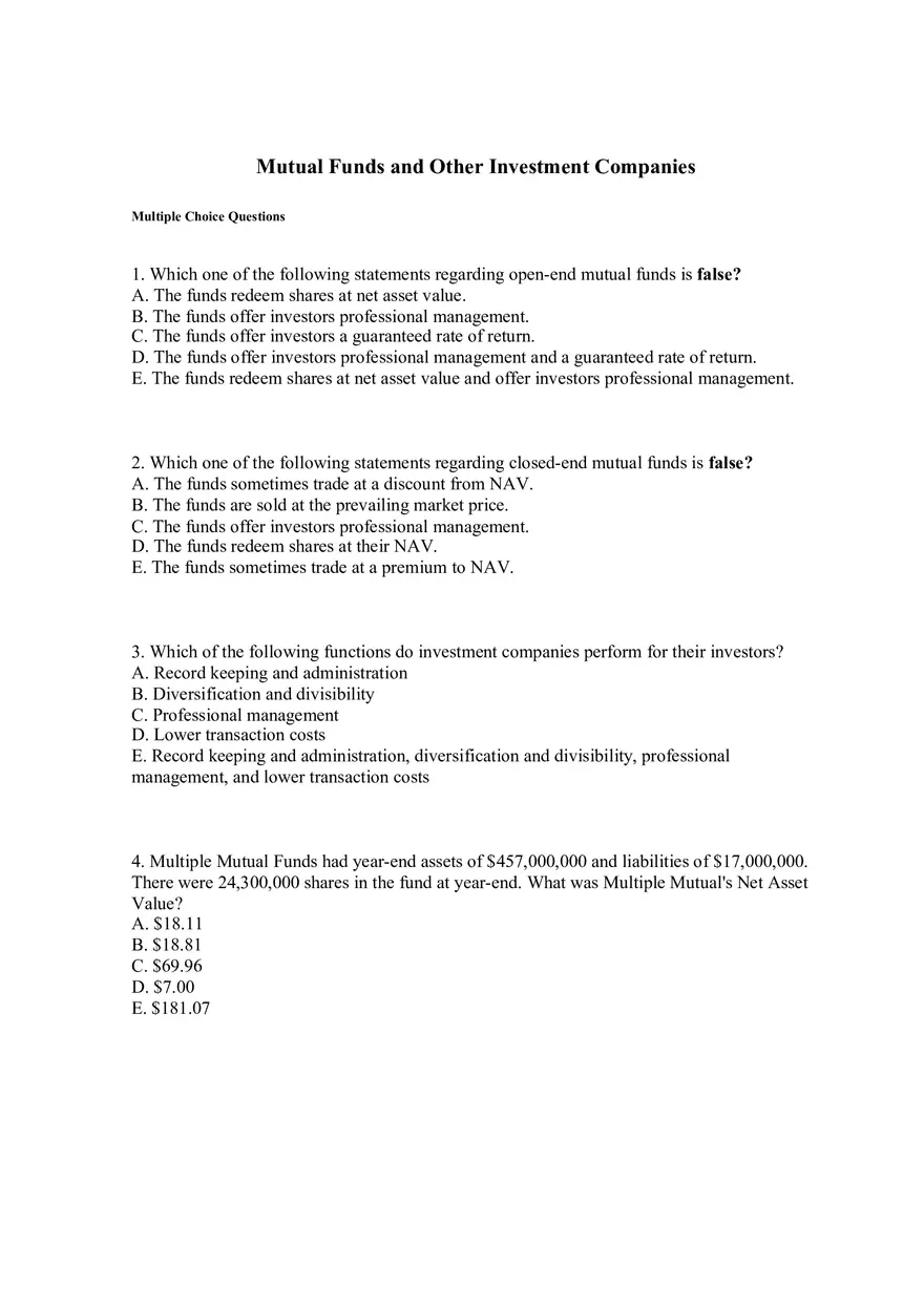 Mutual Funds and Other Investment Companies Quiz Part 1 - Page 1