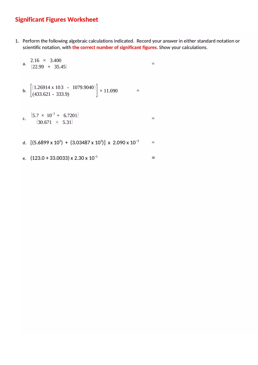 Significant Figures Assignment - Page 1
