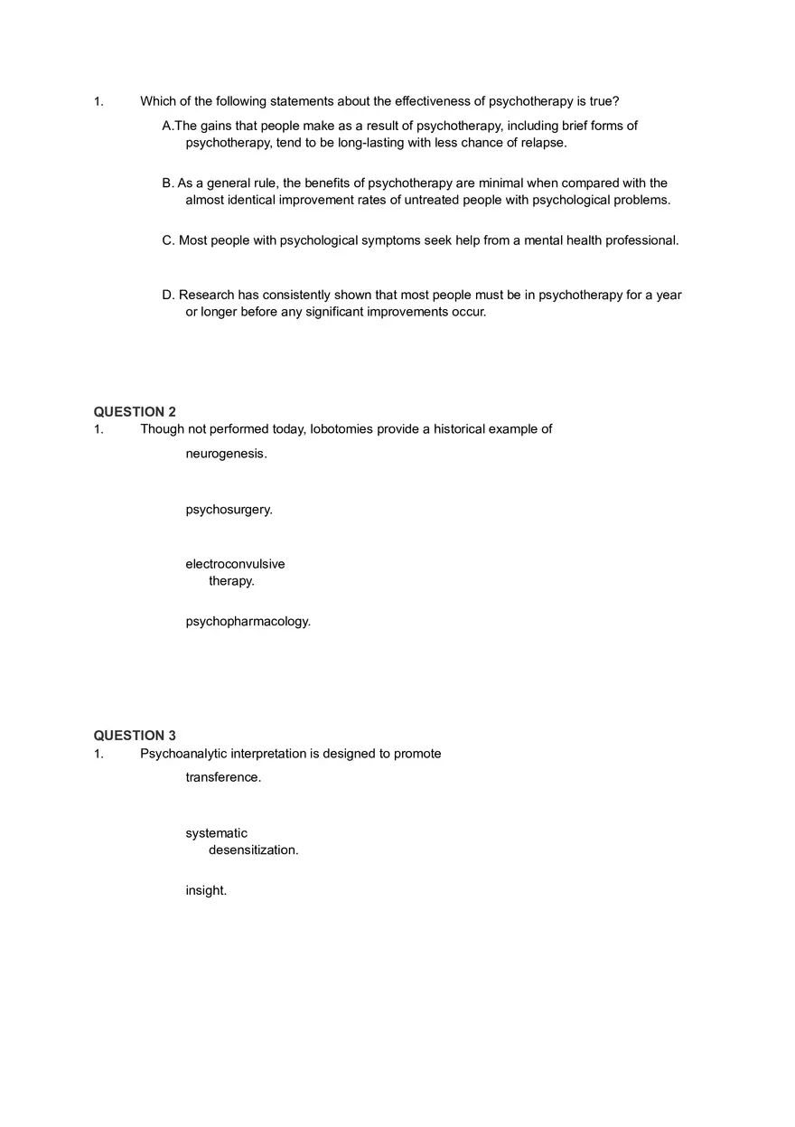 Psychotherapy and Historical Treatments in Psychology Part 1 - Page 1