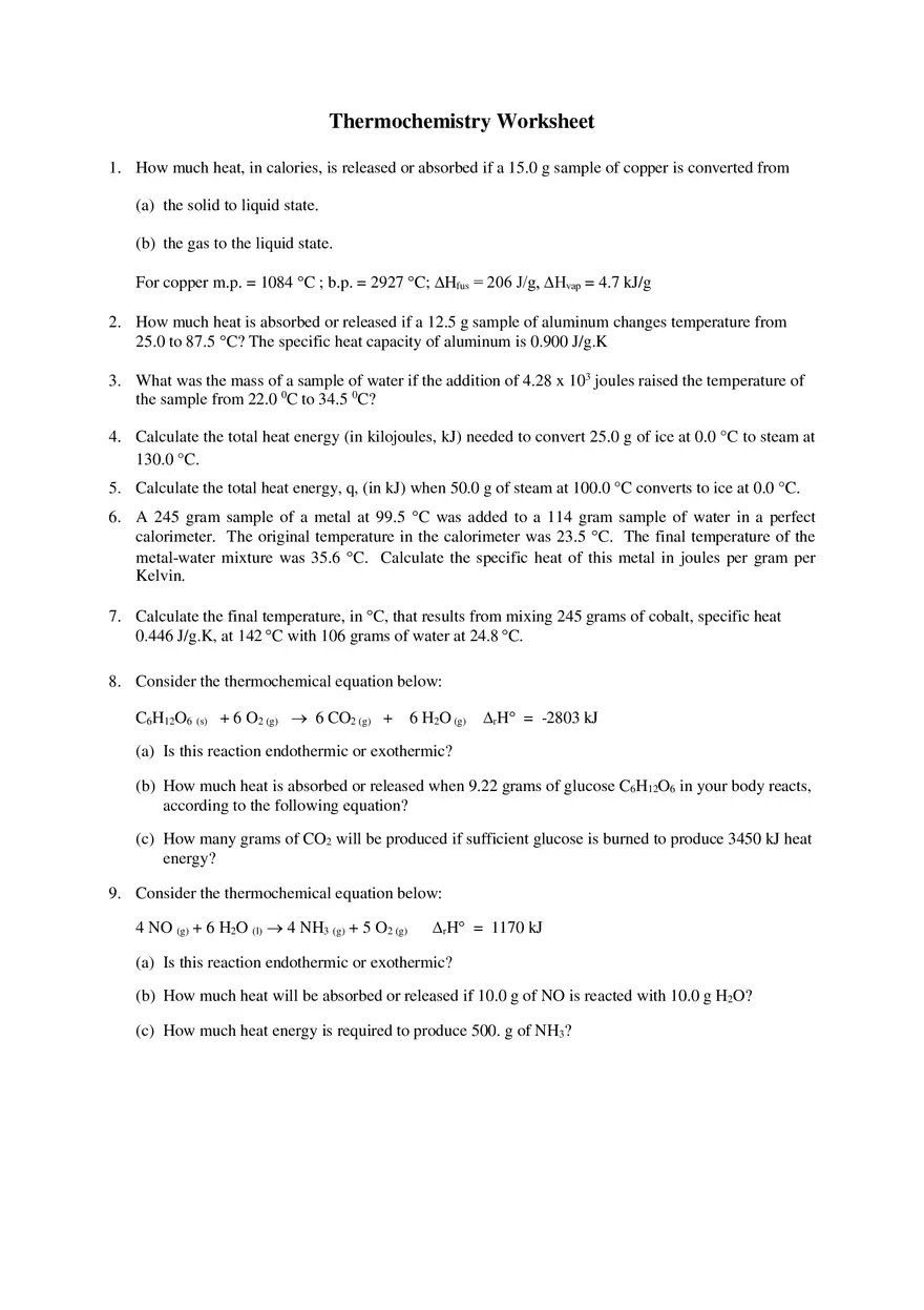 Thermochemistry Worksheet - Page 1