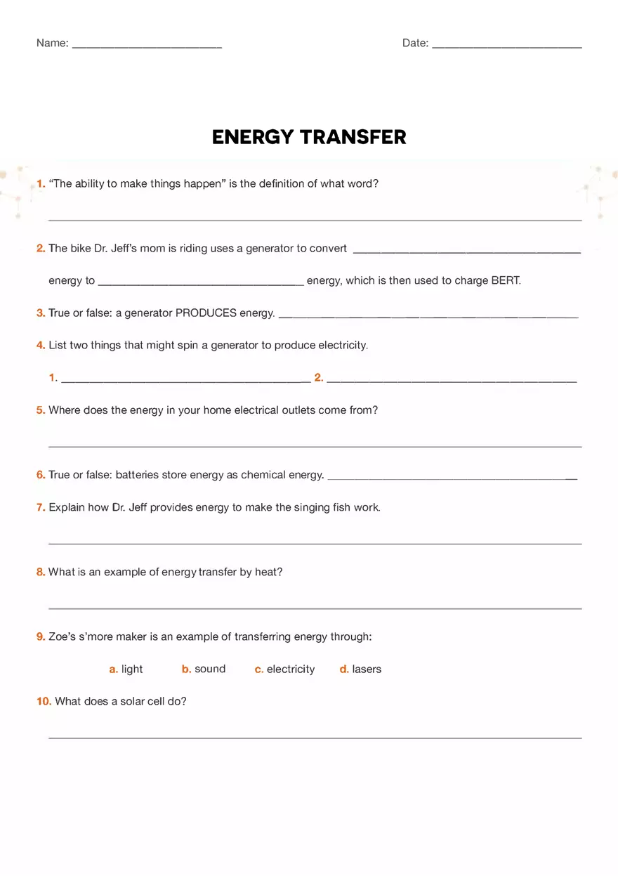 Energy Trasfer Worksheet - Page 1