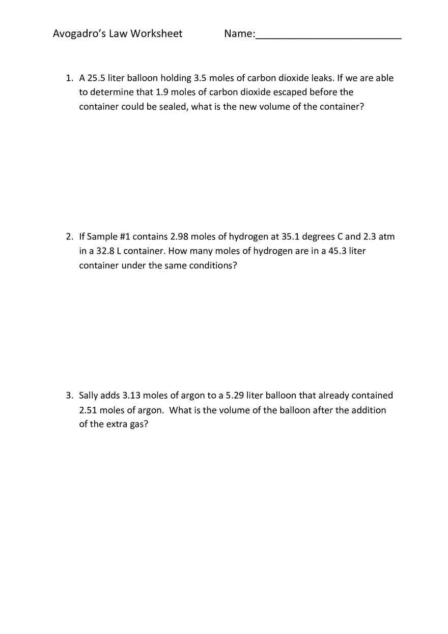 Avogadro’s Law Worksheet - Page 1