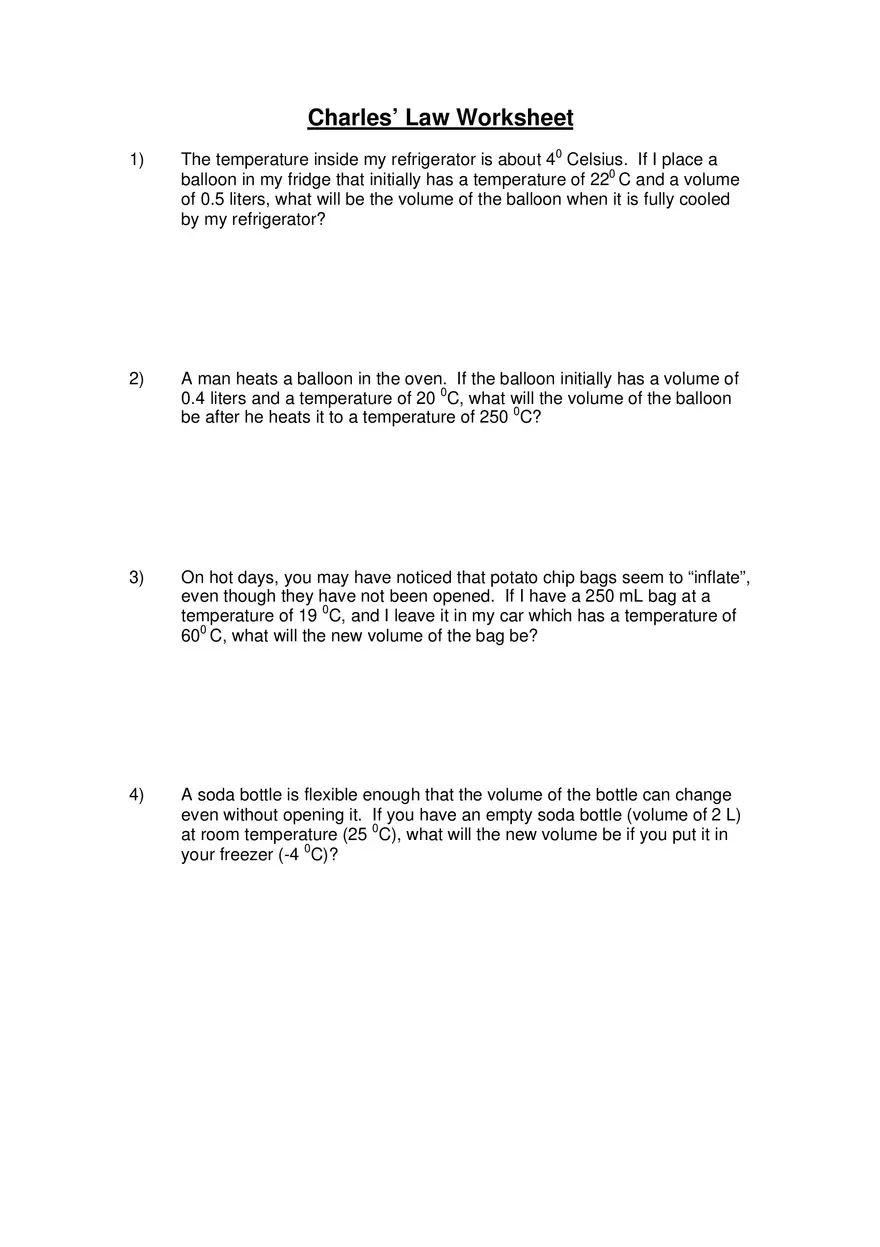 Charles’ Law Worksheet - Page 1