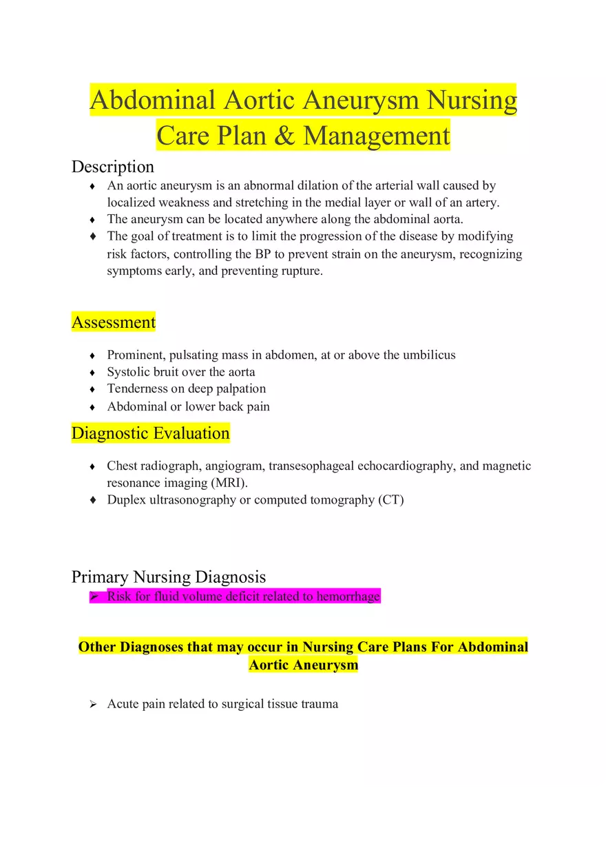 Abdominal Aortic Aneurysm Nursing Care Plan Management - Page 1