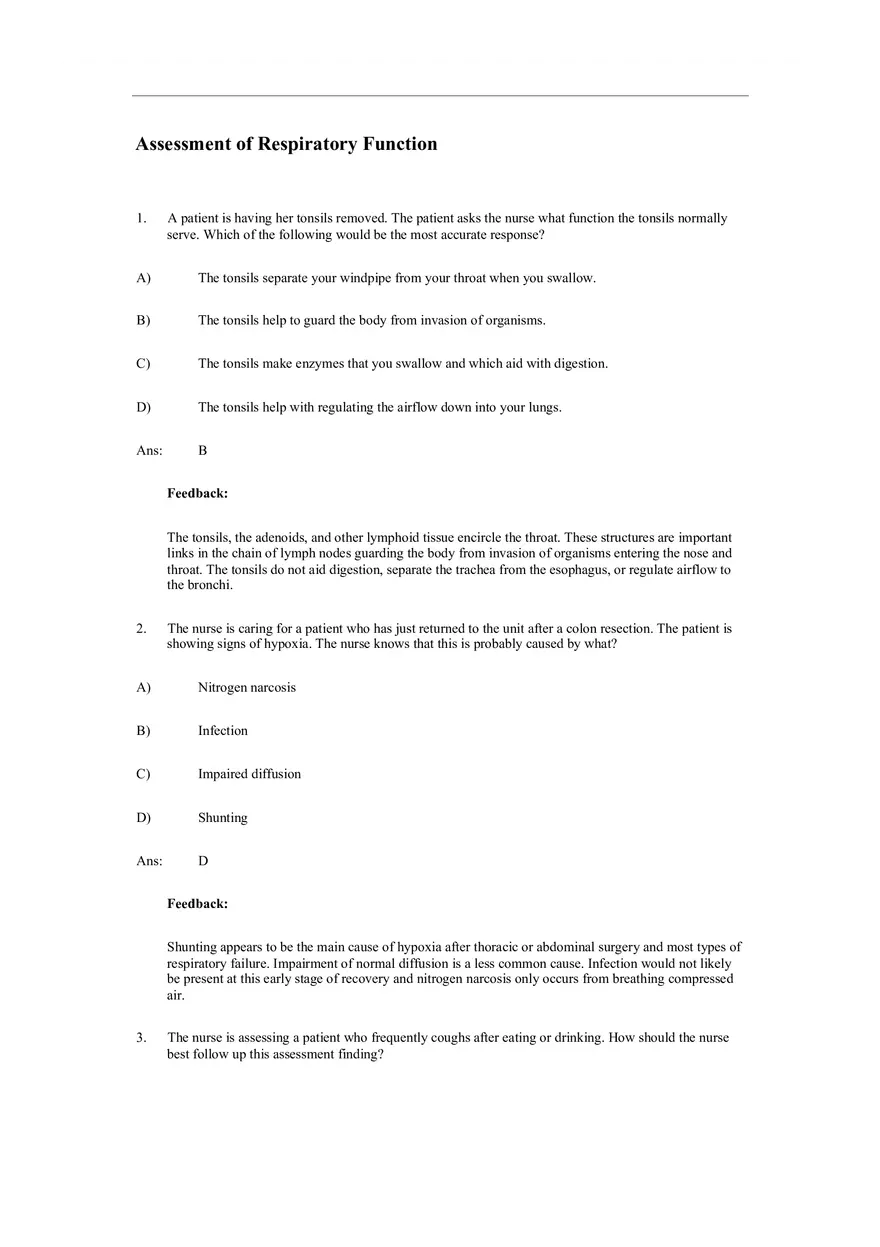 Assessment of Respiratory Function Test Bank Answers - Page 1