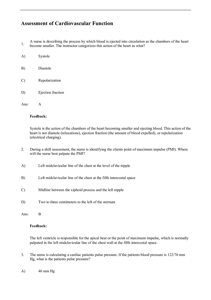 Assessment of Cardiovascular Function Test Bank - Page 1