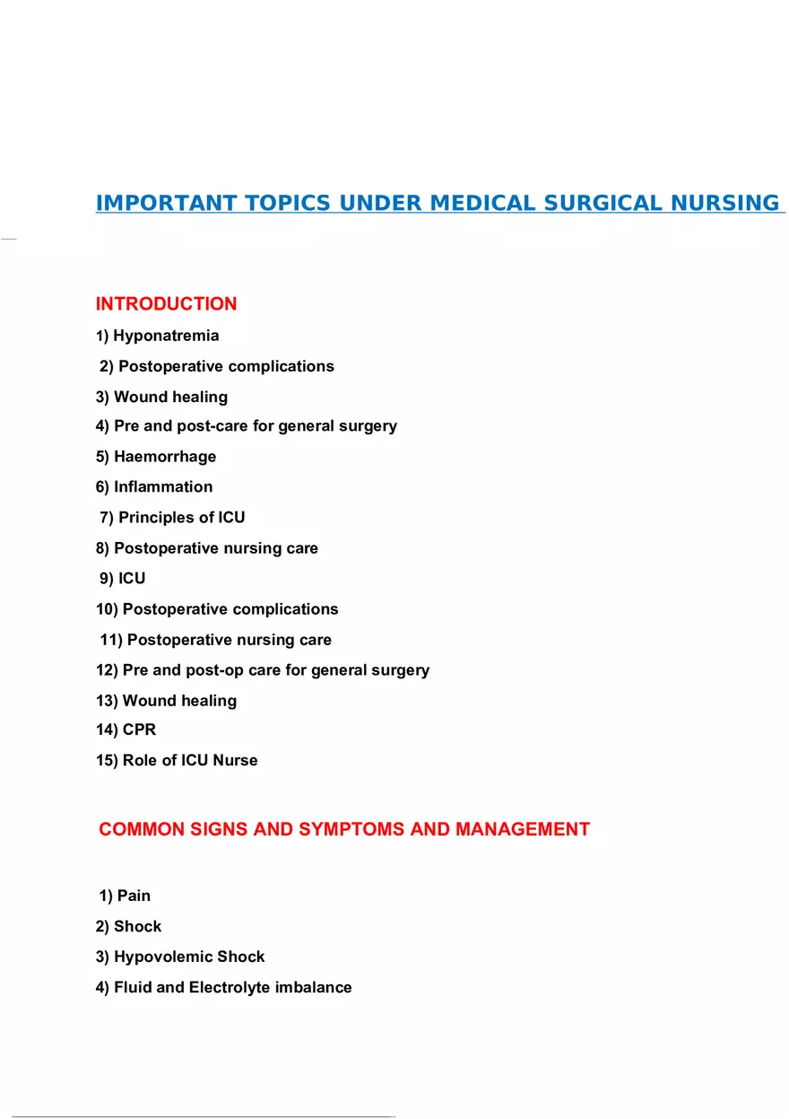 Important Topics Under Medical Surgical Nursing - Page 1