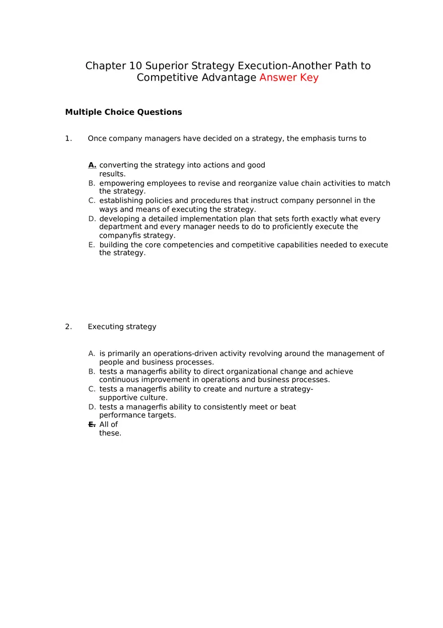 Superior Strategy Execution-Another Path to Competitive Advantage Answer Key 1 - Page 1