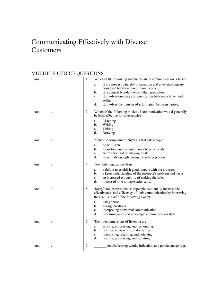Communicating Effectively with Diverse Customers (Answer Key) - Page 1