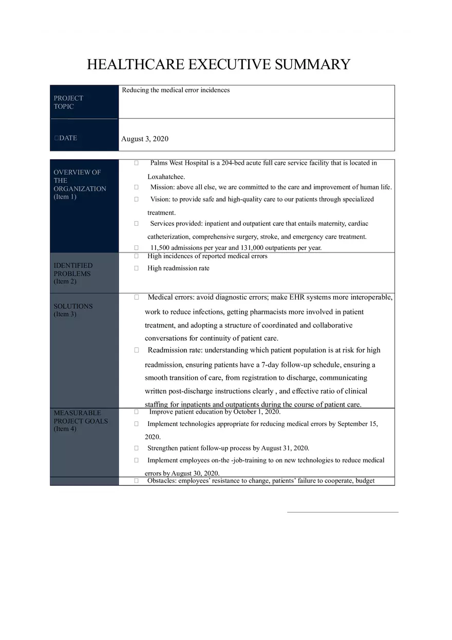 Reducing the Medical Error Incidences - Healthcare Executive Summary - Page 1