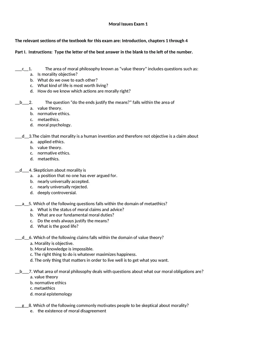 Moral Issues 40 Multiple Choice Questions - Page 1