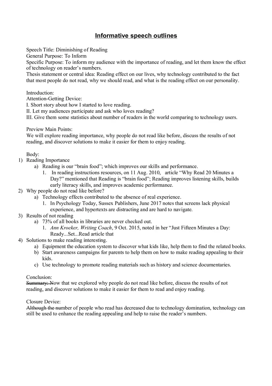 Informative Speech Outline - Diminishing of Reading - Page 1