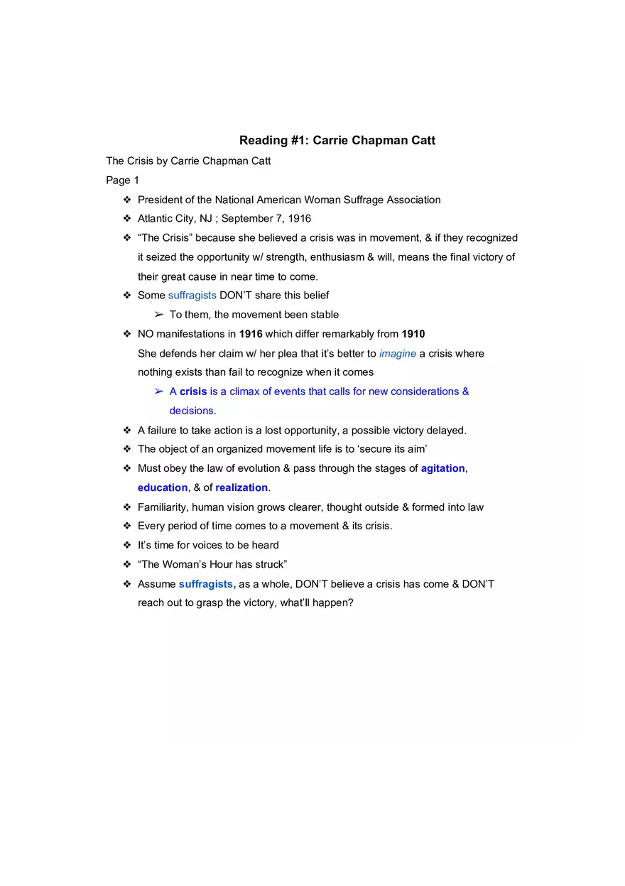 Reading Notes - Carrie Chapman Catt - Page 1