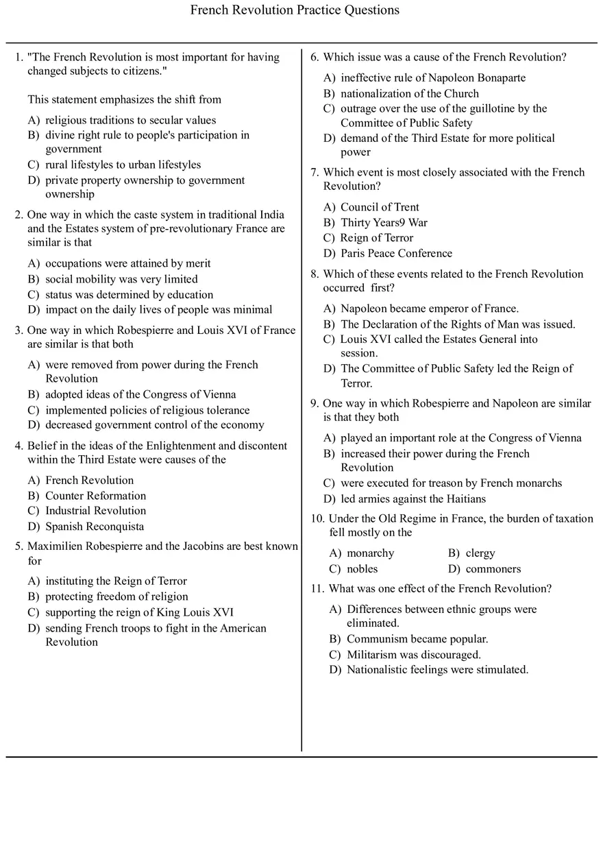 French Revolution Practice Questions with Answers - Page 1