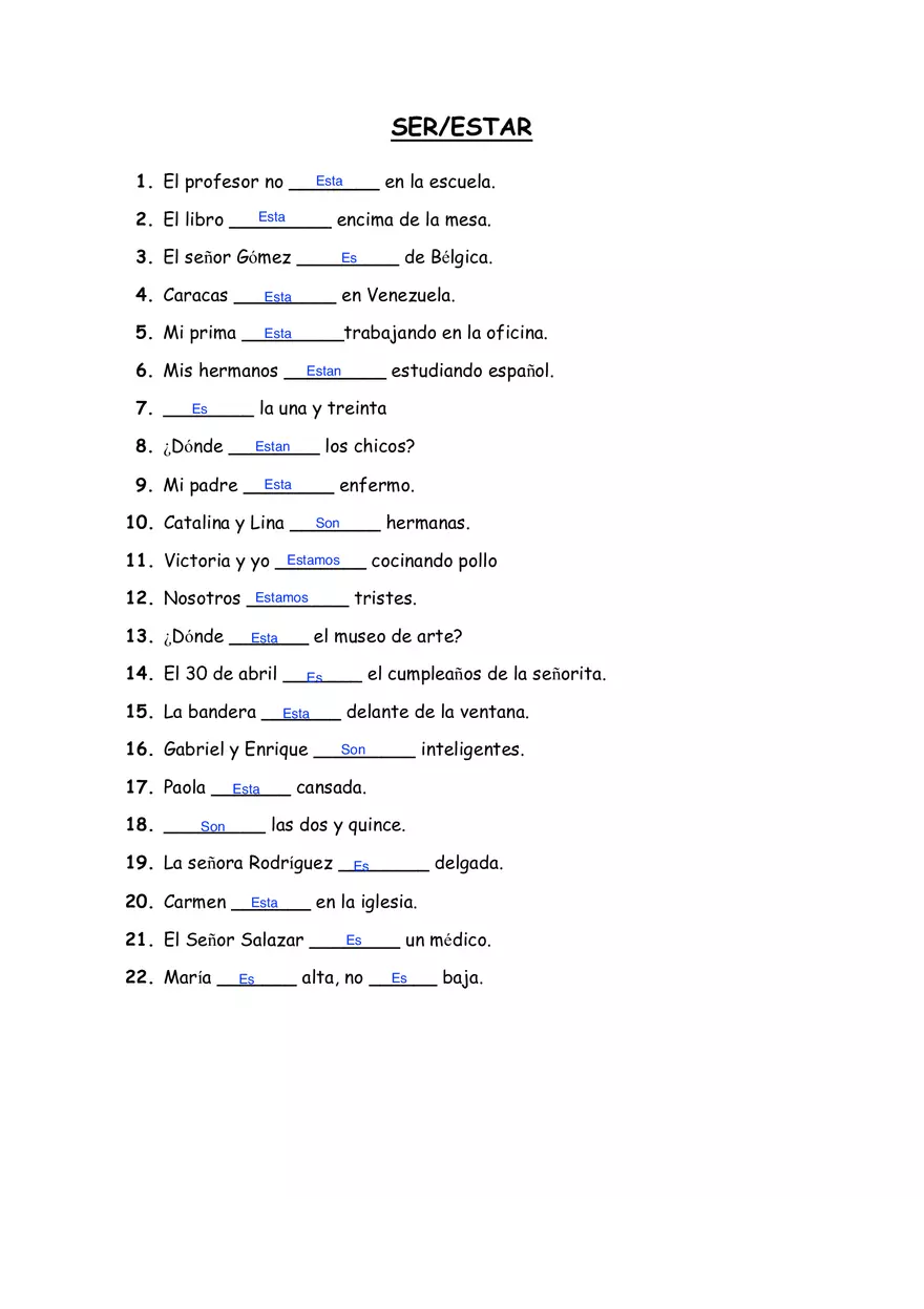 Spanish Ser Estar Worksheet - Page 1