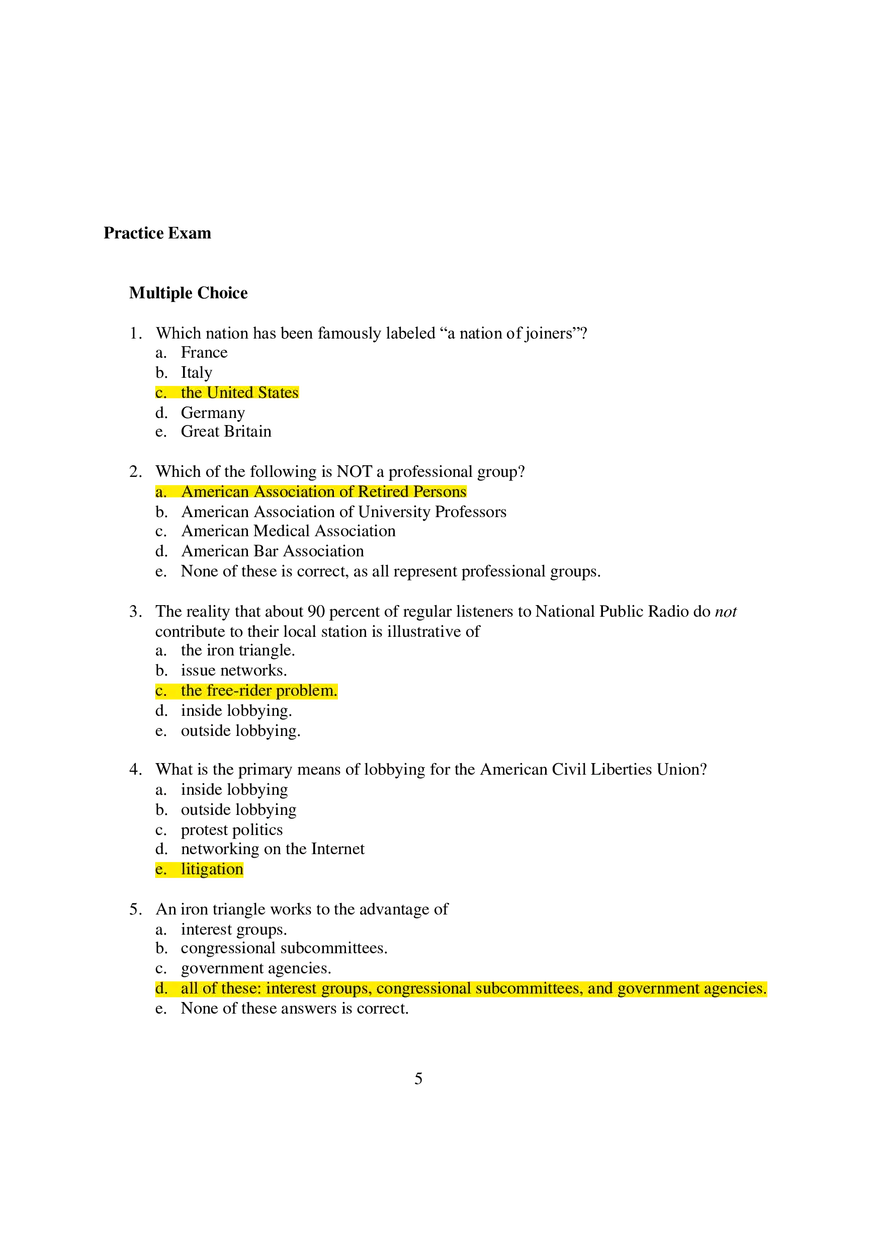Chapter 9 Interest Groups Exam Multiple Choice - Page 1