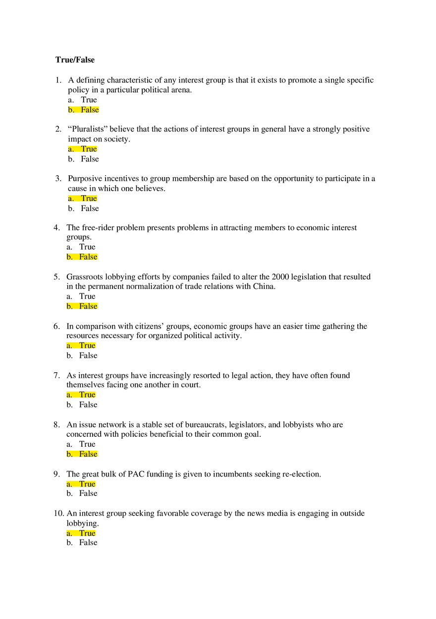 Chapter 9 Interest Groups Exam True False - Page 1