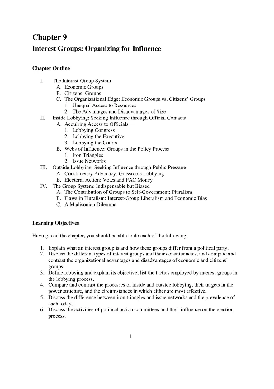 Chapter 9 Interest Groups Organizing for Influence - Page 1