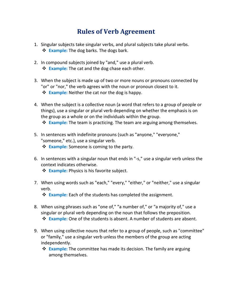 Rules of Verb Agreement - Page 1