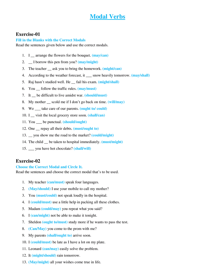 Modal Verbs Exercises - Page 1